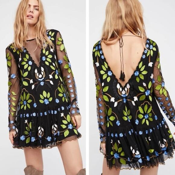 Free People Black Floral Mini Dress - Picture 1 of 9